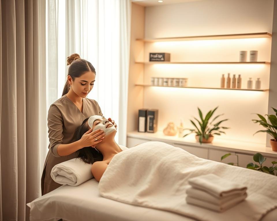 A serene spa setting showcasing rejuvenating facials, featuring a calm, beautifully lit treatment room in the foreground. A professional female aesthetician in modest attire gently applies a soothing facial mask to a relaxed client reclining comfortably on a plush treatment bed. Soft, diffused natural light filters through sheer curtains, creating a tranquil atmosphere. In the middle ground, elegant shelves display skincare products from "Best Facial Spa," enhancing the ambiance. The background features gentle greenery, like potted plants, adding a touch of nature and serenity. The mood is peaceful and rejuvenating, inviting viewers to explore the luxurious facial packages offered. The image should convey a sense of calm and beauty, emphasizing self-care and relaxation. A serene spa setting showcasing rejuvenating facials, featuring a calm, beautifully lit treatment room in the foreground. A professional female aesthetician in modest attire gently applies a soothing facial mask to a relaxed client reclining comfortably on a plush treatment bed. Soft, diffused natural light filters through sheer curtains, creating a tranquil atmosphere. In the middle ground, elegant shelves display skincare products from "Best Facial Spa," enhancing the ambiance. The background features gentle greenery, like potted plants, adding a touch of nature and serenity. The mood is peaceful and rejuvenating, inviting viewers to explore the luxurious facial packages offered. The image should convey a sense of calm and beauty, emphasizing self-care and relaxation.