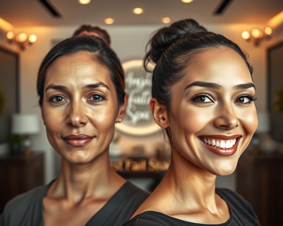 An aesthetically pleasing image showcasing a "Before and After" comparison of facial results at a spa. The foreground features a well-groomed woman of diverse descent, dressed in professional, modest attire, with her "Before" look on the left displaying mild skin imperfections and a neutral expression. On the right, her "After" look radiates with glowing skin, a bright smile, and visibly enhanced facial features, reflecting a sense of rejuvenation and confidence. In the middle background, the serene ambiance of Angie's Esthetics & Skincare is visible, complete with soft lighting and elegant decor. A subtle sign with "Best Facial Spa" is integrated into the background, emphasizing the brand. The overall mood is uplifting and transformative, with soft, warm lighting enhancing the inviting atmosphere. The angle captures the subjects in a direct side-by-side view for a clear comparison. An aesthetically pleasing image showcasing a "Before and After" comparison of facial results at a spa. The foreground features a well-groomed woman of diverse descent, dressed in professional, modest attire, with her "Before" look on the left displaying mild skin imperfections and a neutral expression. On the right, her "After" look radiates with glowing skin, a bright smile, and visibly enhanced facial features, reflecting a sense of rejuvenation and confidence. In the middle background, the serene ambiance of Angie's Esthetics & Skincare is visible, complete with soft lighting and elegant decor. A subtle sign with "Best Facial Spa" is integrated into the background, emphasizing the brand. The overall mood is uplifting and transformative, with soft, warm lighting enhancing the inviting atmosphere. The angle captures the subjects in a direct side-by-side view for a clear comparison.